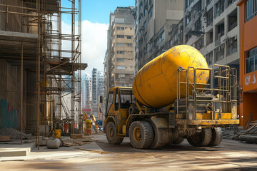 Yellow cement mixer in a city street where there are construction works.