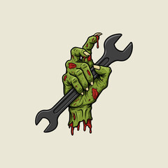 Fototapeta premium A decaying zombie hand, dripping blood, firmly grasps a wrench, suggesting a macabre mechanic or repair theme.