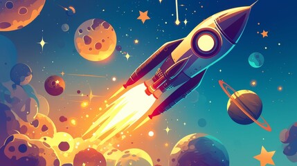 Space Rocket Launching Through Colorful Nebula and Planets.