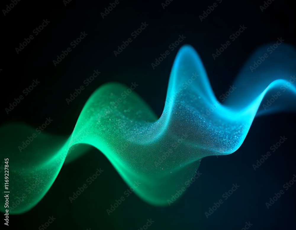 Poster layered neon green and blue translucent shapes overlapping on a rich black background, adding a sens