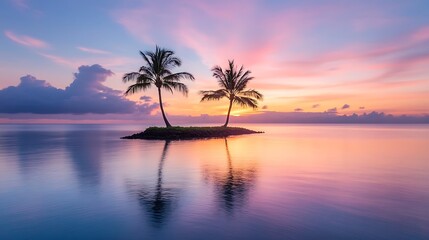 Two Palm Trees on a Small Island at Sunset