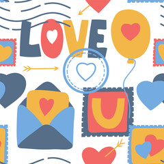 Seamless Pattern of Love Letters. Romantic envelopes with cards, stamps, letters, balloon and wax hearts-shaped seal.