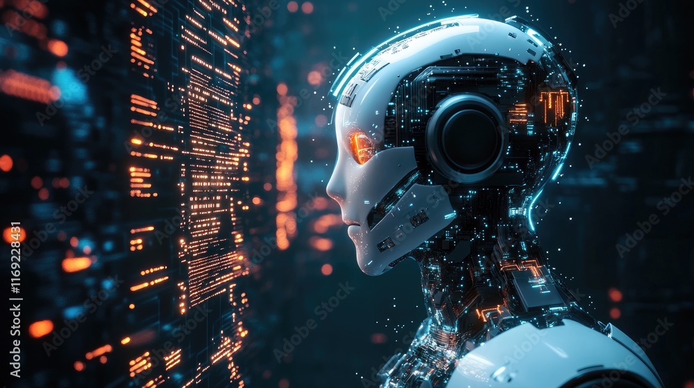 Aufkleber 3D rendering of an AI chatbot linked to a computer processing unit, with glowing circuits and digital data flowing between them.