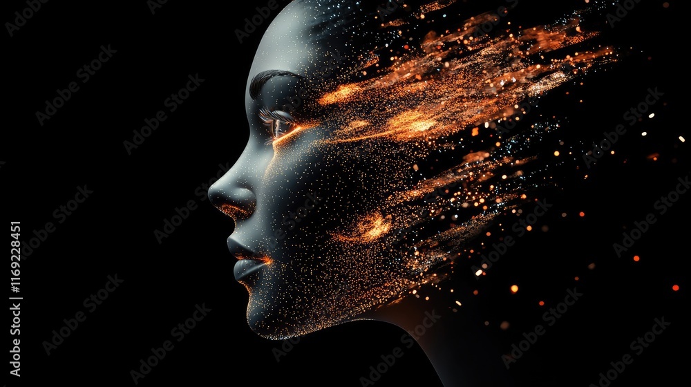 Poster a 3d abstract human face, representing the fusion of artificial intelligence, cybersecurity, and big