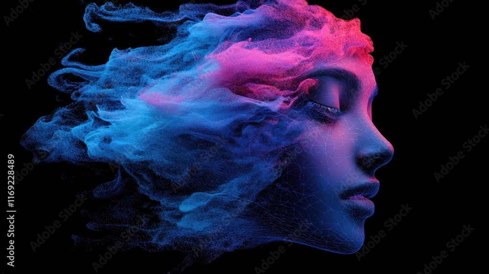 Poster a 3d abstract human face, representing the fusion of artificial intelligence, cybersecurity, and big