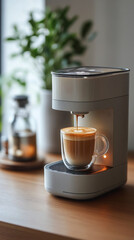 Modern coffee machine brewing fresh espresso in bright kitchen setting
