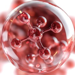 Glowing molecular pink bubble floating in liquid, skincare essence molecular sphere visualization, scientific imagery. 
