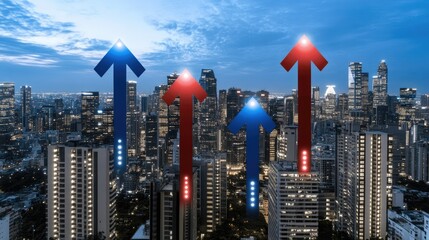 Graph depicting stock market fluctuations with red and blue arrows set against a bustling city skyline filled with skyscrapers.