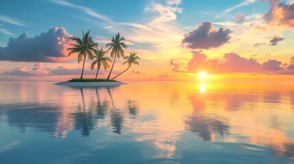Tropical Island Sunset Palm Trees Ocean Sky