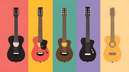Five Colorful Acoustic Guitars Displayed Vertically