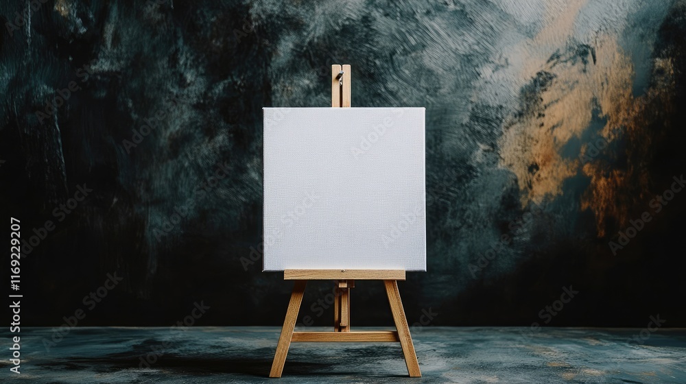 Poster a blank white canvas on a small wooden easel, contrasting with a dark backdrop, perfect for showcasi