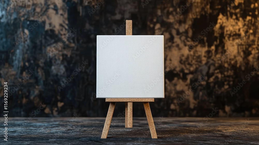 Poster a blank white canvas on a small wooden easel, contrasting with a dark backdrop, perfect for showcasi