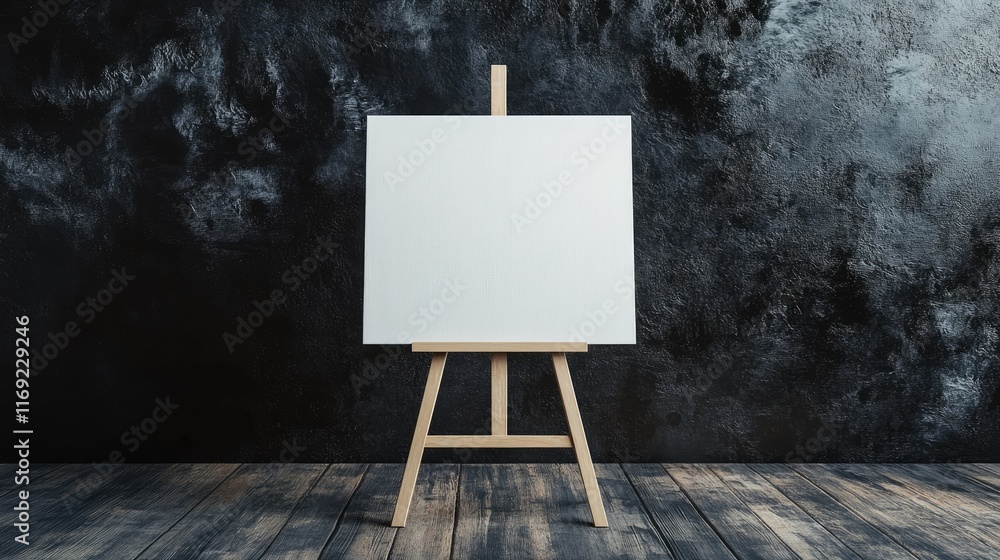 Poster a blank white canvas on a small wooden easel, contrasting with a dark backdrop, perfect for showcasi