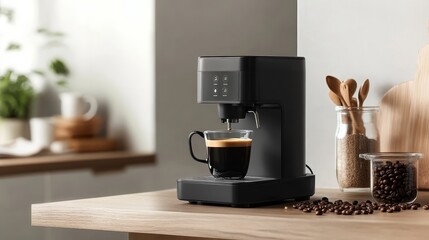 A coffee machine brewing espresso with a cup on a wooden table surrounded by coffee beans.