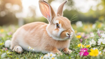 Fototapeta premium Cute rabbit resting peacefully in a sunlit meadow filled with colorful flowers and vibrant green grass, surrounded by a serene natural landscape for a relaxing atmosphere
