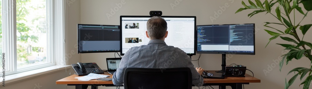 Poster a person working at a desk with multiple monitors, engaged in tasks, surrounded by a plant and natur