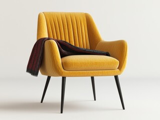 Obraz premium Modern Bold Yellow Chair with Throw Blanket, Designed for Comfort and Style, Perfect for Contemporary Living Room or Lounge Spaces