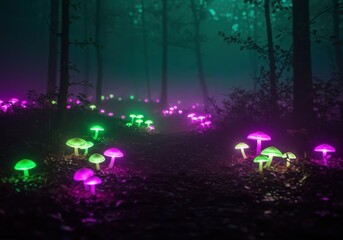 Fototapeta premium Dark Enchanted Forest Bioluminescent Mushrooms and Ethereal Fantasy Landscape