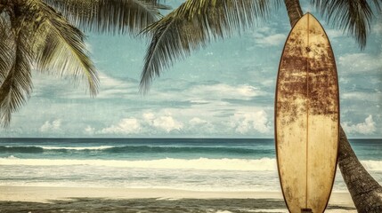 Surfboard resting under palm trees on a quiet beach at sunrise in a tropical paradise