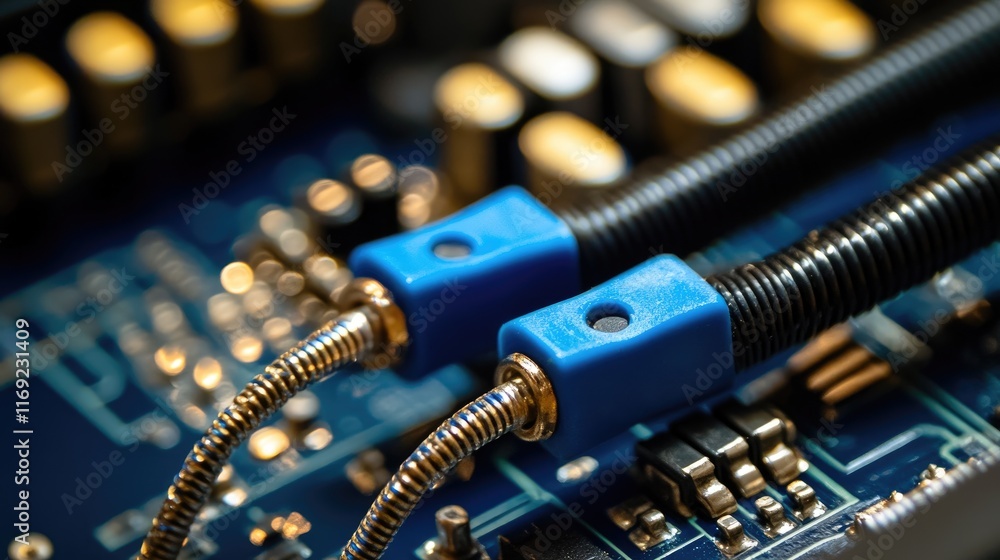 Fototapete a close-up of a blue audio jack embedded in a circuit board, showcasing delicate electronic componen