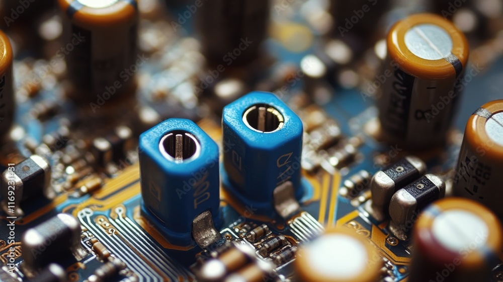 Poster A close-up of a blue audio jack embedded in a circuit board, showcasing delicate electronic components and their intricate connections in a tech environment.