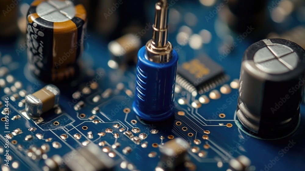 Poster a close-up of a blue audio jack on a circuit board, highlighting intricate electronic components and