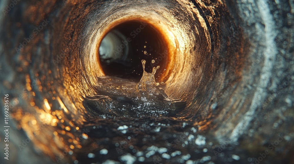 Poster a close-up of a clogged sewer pipe with visible debris inside, representing plumbing issues and the 