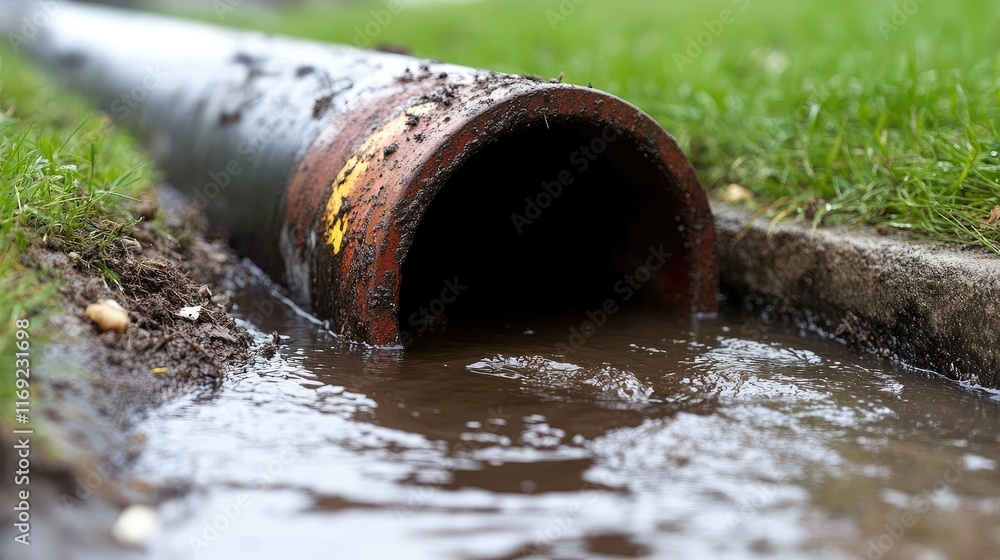 Poster a close-up of a clogged sewer pipe with visible debris inside, representing plumbing issues and the 