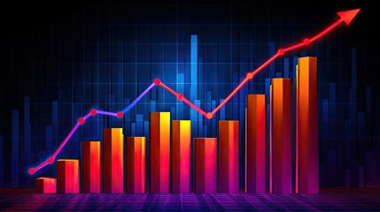 Fototapeta premium A vibrant bar graph with an upward arrow shows growth and positive trend. Ideal for presentations on financial success, market analysis, or business reports.