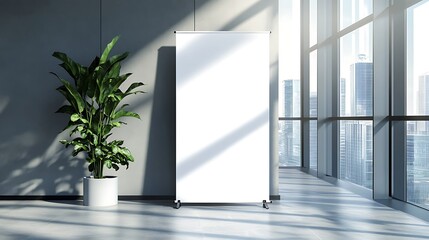 Blank white roll-up banner template standing in business space, Advertising Mock up concept