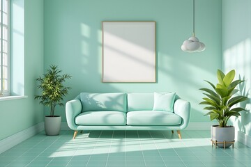 Modern Living Room With Mint Green Sofa and Indoor Plants