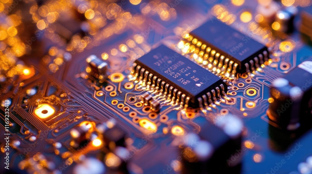 Poster A close-up of a microchip on a circuit board, illuminated with a vibrant blue and gold glow, highlighting the intricate electronic components.