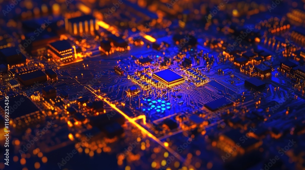 Poster A close-up of a microchip on a circuit board, illuminated with a vibrant blue and gold glow, highlighting the intricate electronic components.