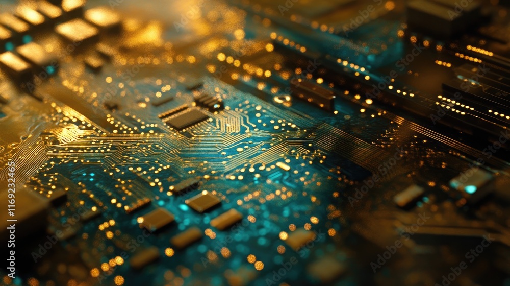 Poster A close-up of a microchip on a circuit board, illuminated with a vibrant blue and gold glow, highlighting the intricate electronic components.