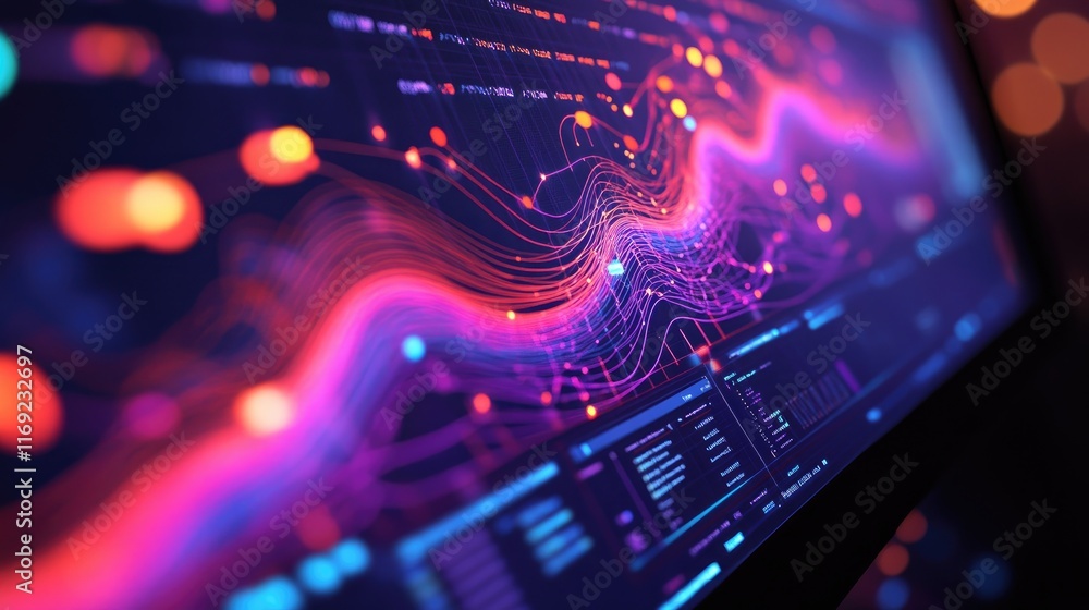 Poster A close-up of a server screen displaying an intricate network visualization, showing enhanced connectivity and data flow in a digital environment.