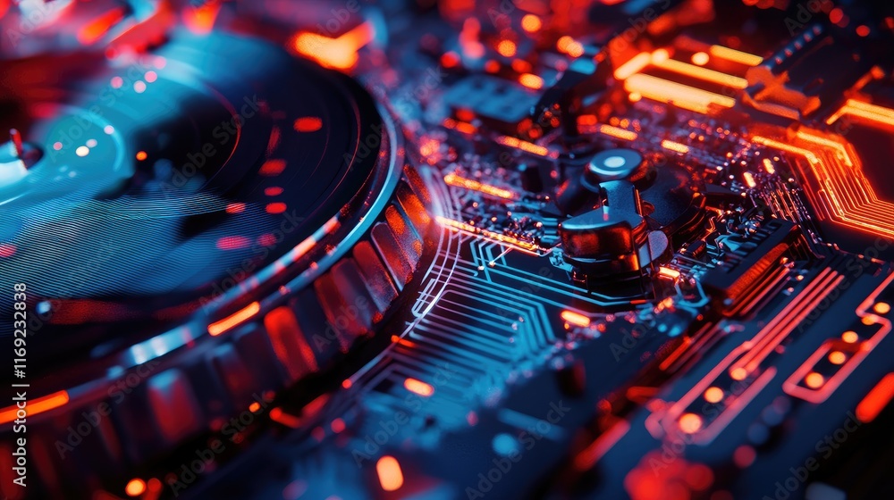 Poster a close-up of a vibrant turntable with a glowing, circuit-like background, representing the synergy 