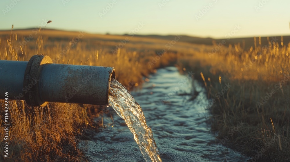 Poster a close-up of a water pipe in an open field, with clean water flowing, representing the importance o