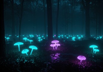 Naklejka premium Dark Enchanted Forest Bioluminescent Mushrooms and Ethereal Fantasy Landscape