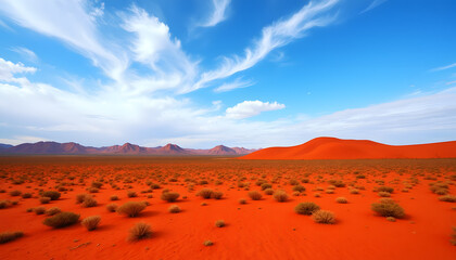 Australia Day with an expansive outback landscape featuring red desert sand, scattered shrubs, and distant rocky formations