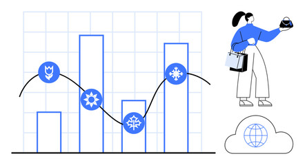 Woman examines bar chart with seasonal weather icons, carrying handbag and phone. Ideal for business, analytics, weather forecasting, seasons, data interpretation, global trends technology. Abstract