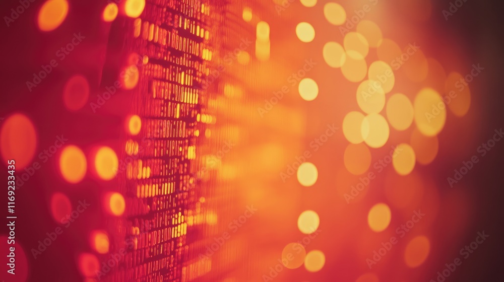 Poster A close-up of computer code in vibrant red and orange, digital data processing on a screen with a blurred bokeh effect in the background.