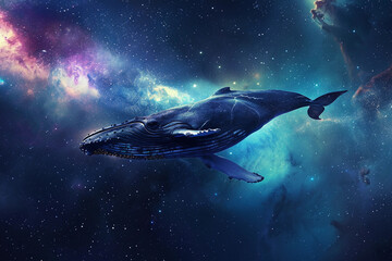 Fototapeta premium Fantastically beautiful majestic huge whale in deep blue ocean, abstract vivid composition consists of fictional unreal fantastic vision on background