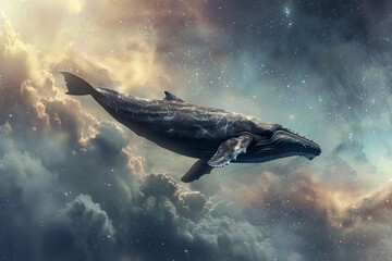 Fototapeta premium Fantastically beautiful majestic huge whale in deep blue ocean, abstract vivid composition consists of fictional unreal fantastic vision on background