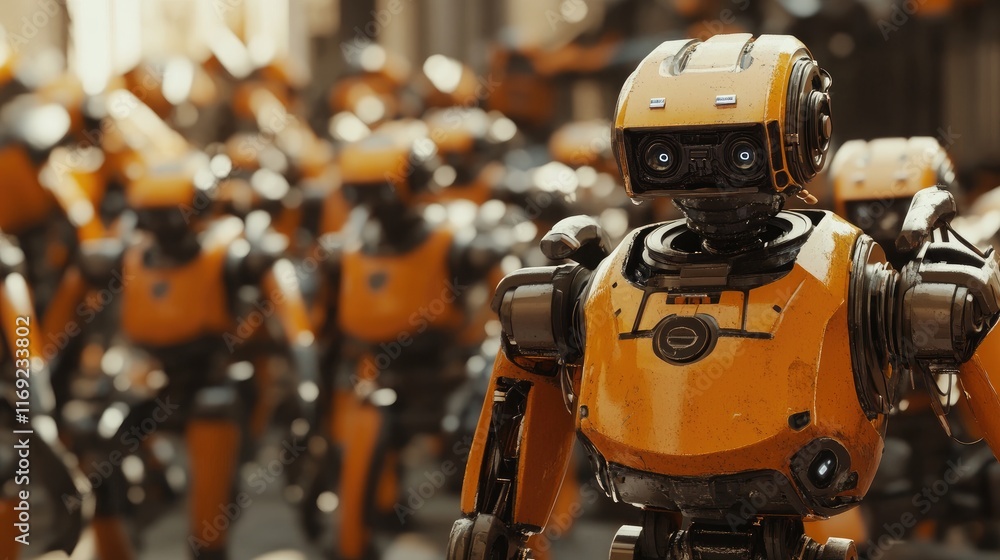 Poster a close-up of industrial robots on the factory floor, highlighting modern technology and automation 