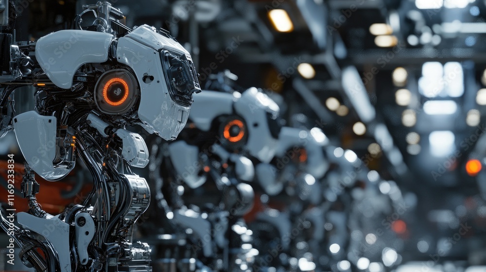 Poster a close-up of industrial robots on the factory floor, highlighting modern technology and automation 