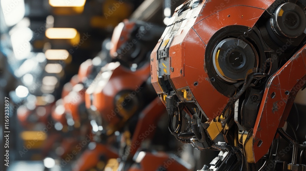 Poster a close-up of industrial robots on the factory floor, highlighting modern technology and automation 