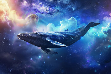 Fototapeta premium Fantastically beautiful majestic huge whale in deep blue ocean, abstract vivid composition consists of fictional unreal fantastic vision on background