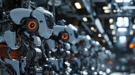 Fototapeta premium A close-up of industrial robots on the factory floor, highlighting modern technology and automation in production lines.