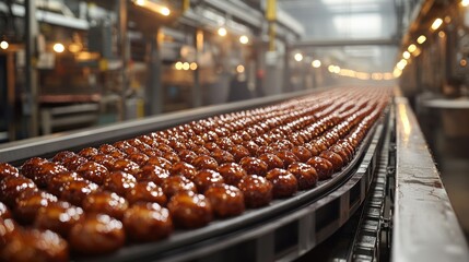 Fototapeta premium Conveyor belt filled with glazed food items in a factory.