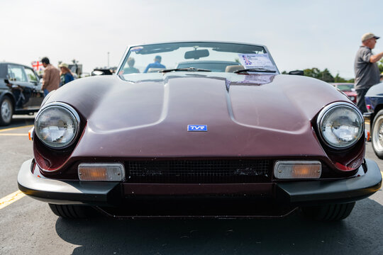 Chicago, Illinois, USA - September 08, 2024: TVR 3000 S series retro sportscar convertible vehicle, front view. Retro sportscar. Convertible TVR 3000 S car. TVR S at Chicago Auto Show.